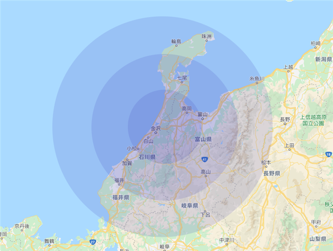 営業範囲の石川、富山、福井の地図